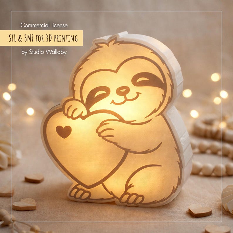 3D printed sloth LED lantern glowing warm light, nursery night light STL file, printable animal lamp design