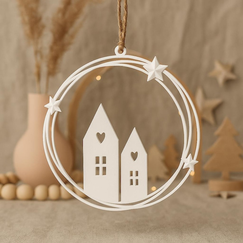 Scandinavian-style house wreath STL file for 3D printing featuring modern minimalist houses with heart cutouts and star accents