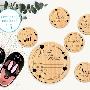 Bundel met baby Milestone-rondes | Hartenornament | Glowforge-svg-bestanden | Hello World-bestand