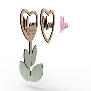 Mother’s Day mom flower SVG laser cut file showing layered heart topper, stem, leaves, and stand assembly pieces