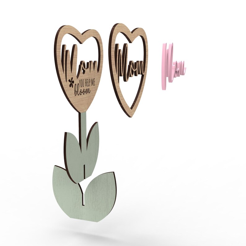 Mother’s Day mom flower SVG laser cut file showing layered heart topper, stem, leaves, and stand assembly pieces