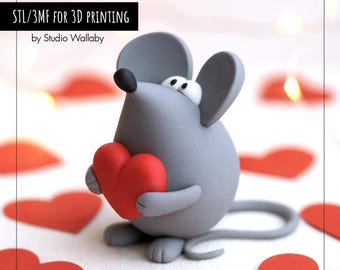 Valentine Mouse Holding Heart | Cute Mouse Figurine 3D Print File (STL & 3MF) | Commercial license