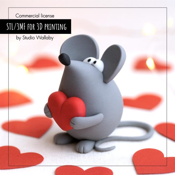 Valentine Mouse Holding Heart | Cute Mouse Figurine 3D Print File (STL & 3MF) | Commercial license