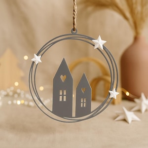 Nordic-style 3D printable house wreath STL file, minimalist Christmas ornament with stars