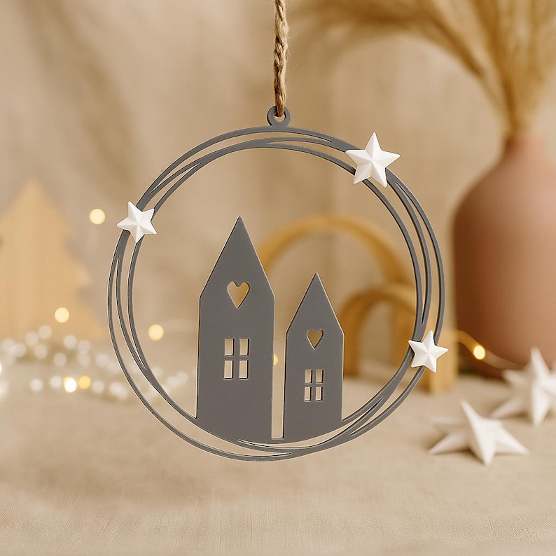 Nordic-style 3D printable house wreath STL file, minimalist Christmas ornament with stars