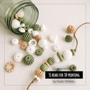 May include: A collection of white, sage green, and tan beads in various shapes including ribbed, spherical, and heart designs, spilling from a green glass jar. A string features a selection of these beads, with text reading Commercial license 31 BEADS FOR 3D PRINTING by Studio Wallaby.