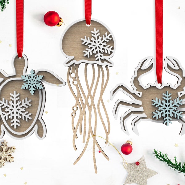 Ocean life Christmas ornament | SVG File Bundle - Set of 3 | Laser-Ready Cut Files | wooden Christmas tree decor | INSTANT DOWNLOAD