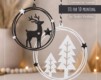 Weihnachtsschmuck-STL-Bundle: Rentiere & Kiefern | 3D-Druckdateien | Nordische Fensterdekoration | Kommerzielle Lizenz