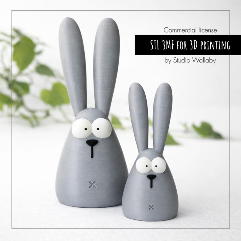 Modern Easter bunny 3D printing file, minimalist rabbit figurine STL 3MF, cute 3D printed desk decor, small and large bunny models, commercial use