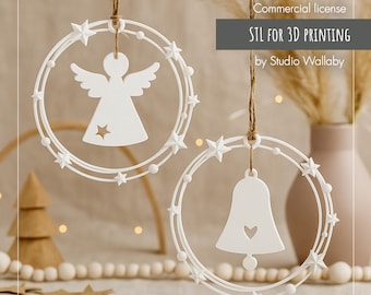 3D Printable Ornament STL - Engel & Glocke Weihnachtsbaum Dekor Digitaler Download | Fenster-, Türkranz | Kommerzielle Lizenz