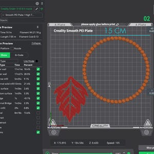 May include: A digital 3D printer software interface displaying a G-code preview of a circular beaded frame and a red leaf-shaped object on a Creality Smooth PEI Plate. The screen shows technical print data, including a 15 cm measurement label.