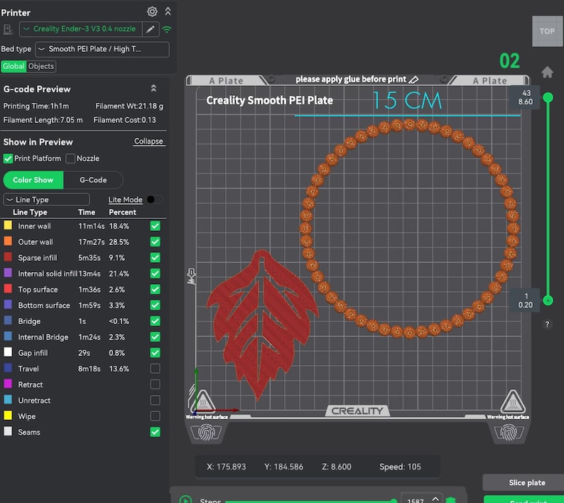 May include: A digital 3D printer software interface displaying a G-code preview of a circular beaded frame and a red leaf-shaped object on a Creality Smooth PEI Plate. The screen shows technical print data, including a 15 cm measurement label.
