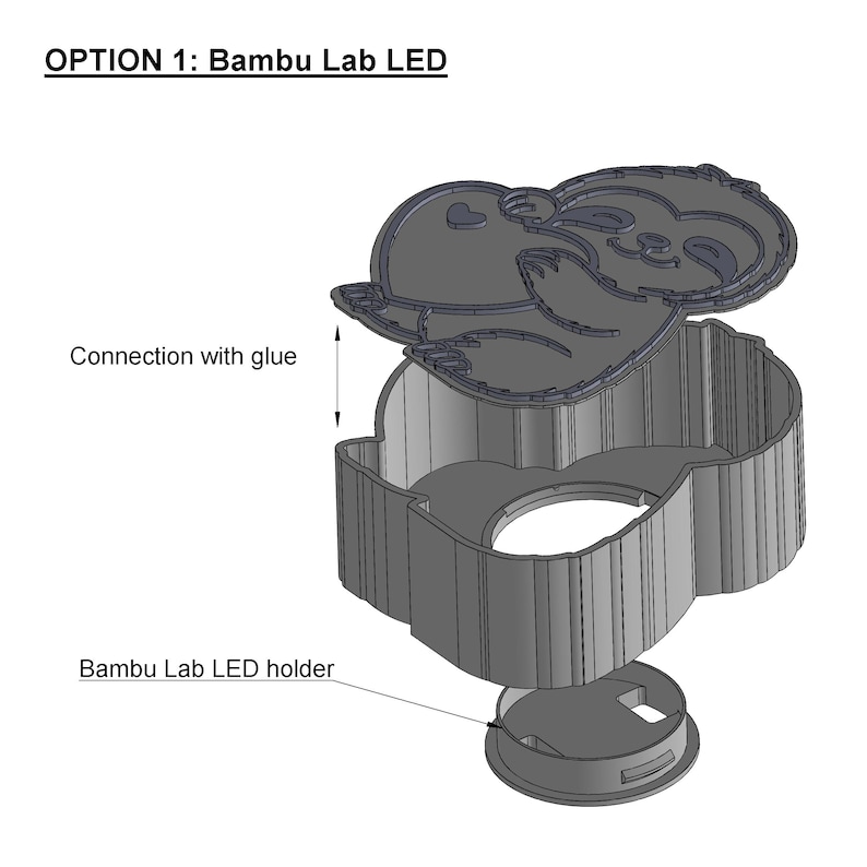 May include: A 3D-rendered gray Bambu Lab LED holder, designed in the shape of a sloth. The design includes a top piece and a base, with the text "OPTION 1: Bambu Lab LED" and "Connection with glue" visible.