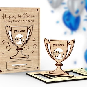Tarjeta de cumpleaños personalizada con el texto "Feliz cumpleaños a mi marido trofeo" / Tarjeta desplegable con trofeo / Archivos de corte listos para láser Svg