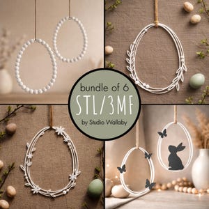 Może przedstawiać: Kolekcja sześciu białych ozdób w kształcie jajek wielkanocnych, niektóre zdobione koralikami, liśćmi, kwiatami i motylami. Ozdoby zawieszone są na sznurkach. Obraz zawiera tekst "bundle of 6 STL/3MF by Studio Wallaby."