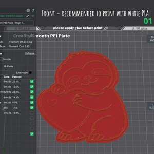 May include: A 3D rendering of a red sloth holding a heart, designed for 3D printing. The image shows the print settings, including the printer model, bed type, and estimated printing time of 46 minutes and 48 seconds. The text recommends printing with white PLA.
