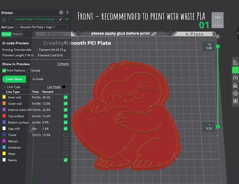 May include: A 3D rendering of a red sloth holding a heart, designed for 3D printing. The image shows the print settings, including the printer model, bed type, and estimated printing time of 46 minutes and 48 seconds. The text recommends printing with white PLA.