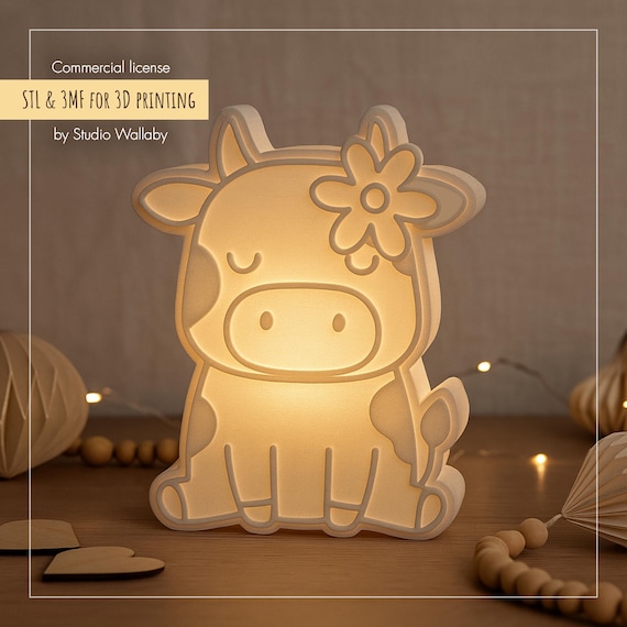 Cute Cow Lantern 3D Print File STL & 3MF | Nursery Decor Light | Kids Room Night Lamp | Commercial License | 3D Printed Decor