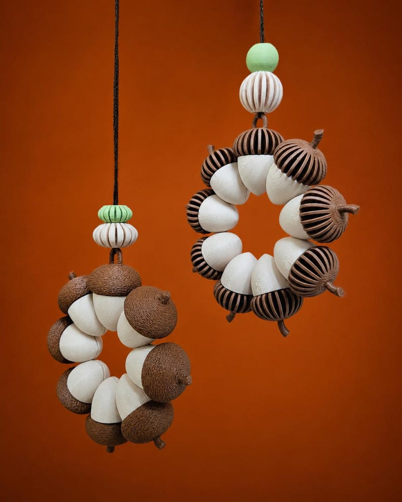 Acorn Wreath Ornament STL | Fall Decor 3D Print File | Set of 2 | Autumn Hanging Ornament | Woodland Thanksgiving Decor | Commercial License