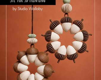 Acorn Wreath Ornament STL | Fall Decor 3D Print File | Set of 2 | Autumn Hanging Ornament | Woodland Thanksgiving Decor | Commercial License