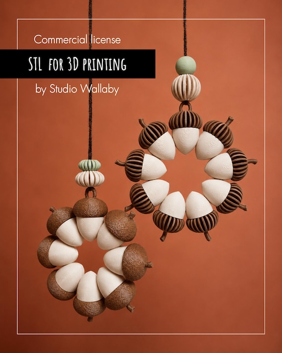 Acorn Wreath Ornament STL | Fall Decor 3D Print File | Set of 2 | Autumn Hanging Ornament | Woodland Thanksgiving Decor | Commercial License