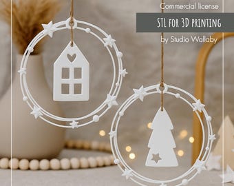STL Druckdatei 3D | Fenster-, Türkranz | Haus, Weihnachtsbaum, Sterne | Minimalistisches skandinavisches Ornament | Kommerzielle Lizenz