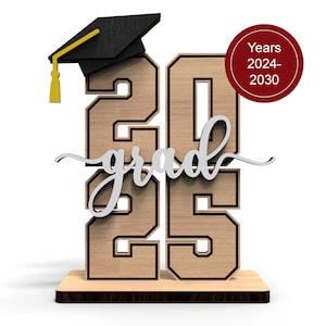 May include: Wooden graduation sign with the numbers 2025 and the word "grad" in a script font. A black graduation cap sits on top of the numbers. A red circle with the text "Years 2024-2030" is in the upper right corner.