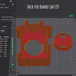 May include: A computer screen displays a 3D model of a cow-shaped object and a circular lid, both in brown and red. The text "BACK FOR BAMBU LAB LED" is visible at the top. The interface shows printing time, filament details, and line type information.