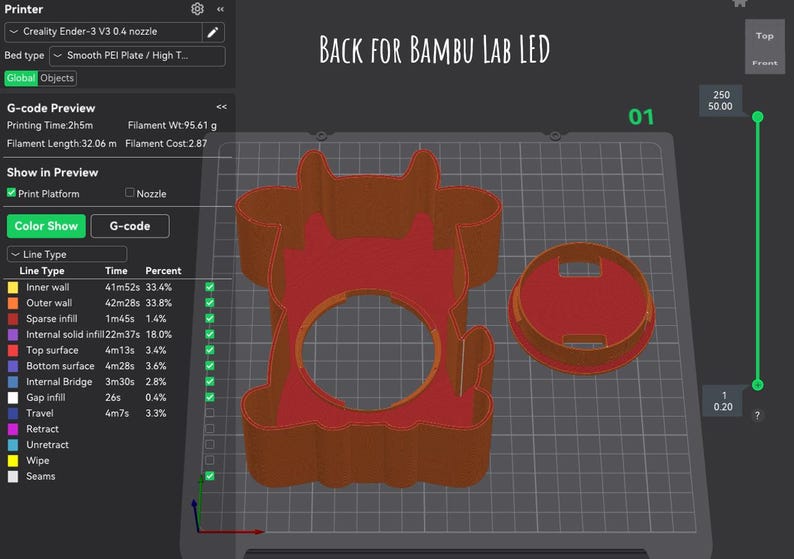 May include: A computer screen displays a 3D model of a cow-shaped object and a circular lid, both in brown and red. The text "BACK FOR BAMBU LAB LED" is visible at the top. The interface shows printing time, filament details, and line type information.