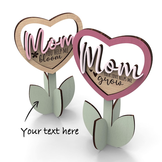 Personalized Mother's Day Flower SVG | Mom Sign Laser Cut File | Heart Stand Decor for Mom | Glowforge SVG, xTool SVG | Gift for Mom