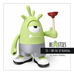 May include: A green monster figurine with a single eye, holding a red plunger. The figure wears gray shorts and white sneakers with green laces. The word "BEASTIES" is displayed with the text "STL / 3MF FOR 3D PRINTING" below.