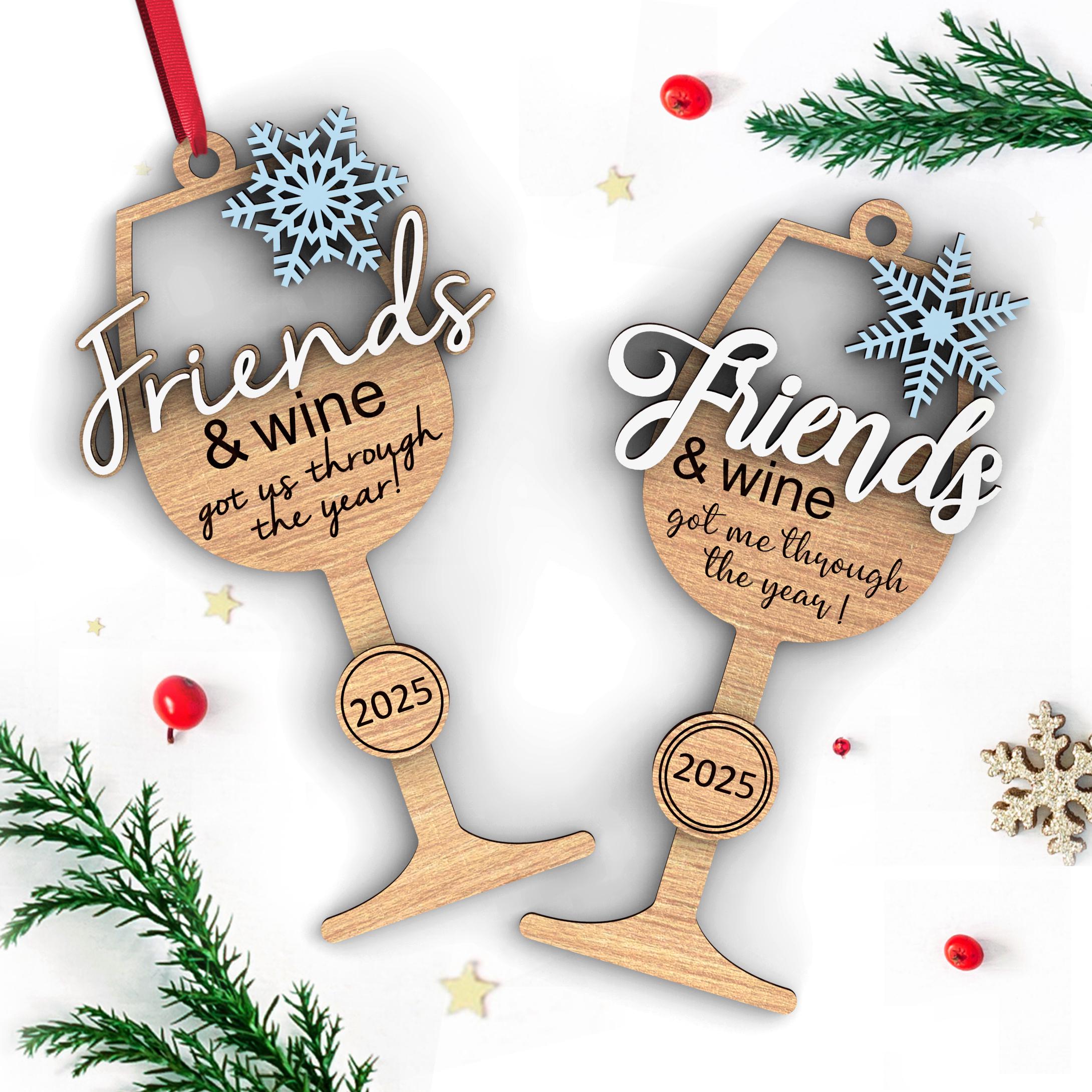 Friends & Wine Christmas ornament | Glowforge,  Svg Laser-Ready Cut Files | Wooden tree decor | INSTANT DOWNLOAD