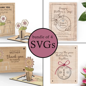 Pacchetto di 4 biglietti per la festa della mamma / Happy Mother's / Regalo per mamma / File Svg tagliati al laser