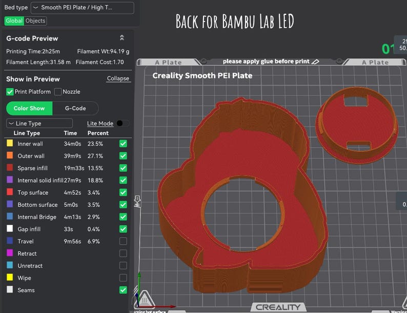 May include: A 3D printing software interface displays a red and brown design for a Bambu Lab LED project. The design includes a large, irregular shape with a circular cutout and a smaller, circular component. Text includes "BACK FOR BAMBU LAB LED" and "CREALITY".