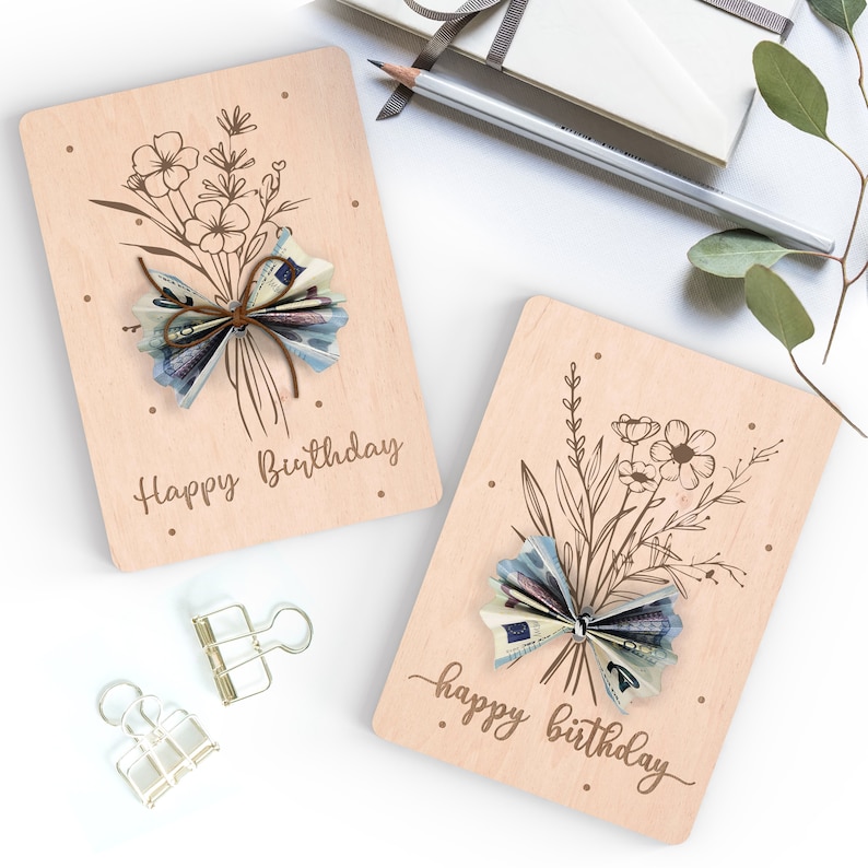 Happy birthday cash holder | Money gift | Floral greeting card | Laser cut SVG file including commercial license