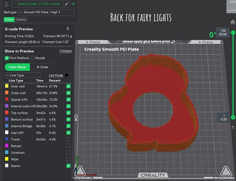 May include: A 3D printer interface displays a red and brown object design, with a circular cutout, on a grid. The screen shows printing time, filament details, and various print settings. Text at the top reads "BACK FOR FAIRY LIGHTS."