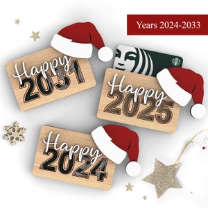 Porte-cartes cadeau Happy New Year avec bonnet de Noel | 2024 - 2033 | Personnalisé | Licence commerciale |  Fichier laser SVG