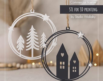 STL Druckdatei 3D | Weihnachten Fensterkranz, Türkranz | Winterdorf | Minimalistisches skandinavisches Ornament | Kommerzielle Lizenz