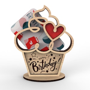 Cupcake de feliz cumpleaños / Portatarjetas de regalo personalizado / Licencia comercial / Archivos SVG listos para cortar con láser