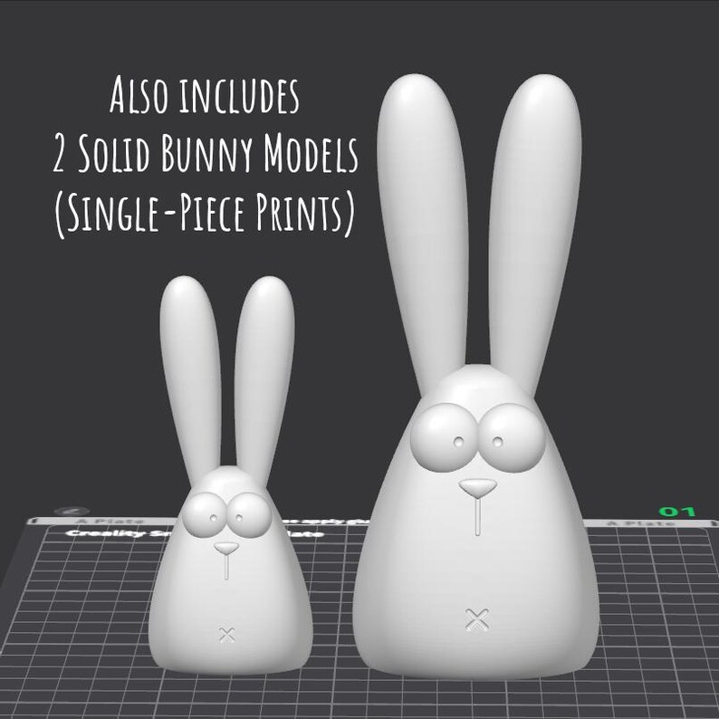Two solid, single-piece bunny figurines for 3D printing (STL) — small and medium rabbit models