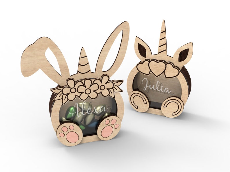 Personalized Easter unicorn bunny box for chocolate eggs laser cutting file, vector file INSTANT DOWNLOAD Commercial use imagem 1