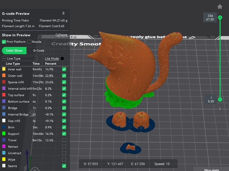 Puede incluir: Vista previa de un modelo 3D en una pantalla de ordenador, que muestra un objeto marr&oacute;n y verde con una cola larga y dos formas redondas. La interfaz muestra el tiempo de impresi&oacute;n, el peso del filamento y otros detalles t&eacute;cnicos.