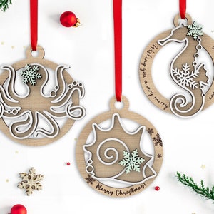 Adornos navideños de la vida marina (archivos SVG cortados con láser, paquete de 3) (descarga instantánea)
