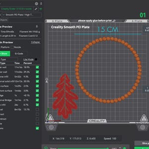May include: A digital 3D printer software interface displaying a G-code preview on a Creality Smooth PEI Plate. The screen shows a circular orange object and a red leaf-shaped object with a 15 cm measurement indicator at the top of the build plate.