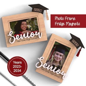 May include: Two wooden photo frame magnets with a graduation cap on top. The frames are decorated with the word "Senior" and the text "New York High School". The graduation caps have the years "2034" and "2025" on them. A red circle with the text "Years 2023-2034" is in the lower left corner.