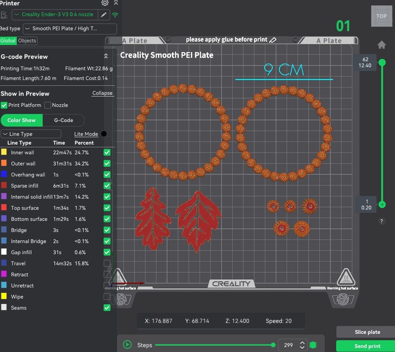 May include: A digital 3D printer interface showing a Creality Smooth PEI Plate with a G-code preview. The screen displays two orange circular wreaths, two red leaf shapes, and four small orange circular accents, with a 9 cm measurement indicator.