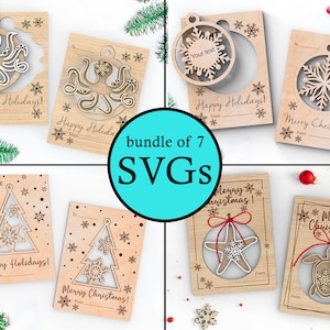 Pacchetto di biglietti di Natale personalizzati con decorazioni per l'albero - Set di 7 - File SVG tagliati al laser - DOWNLOAD IMMEDIATO