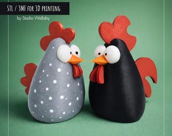 Rooster & Hen STL 3MF Files for 3D Printing, Cute Chicken Figurines, Farmhouse Kitchen Decor, Commercial License