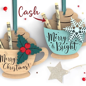 Frohe Weihnachten Geldhalter | Personalisiert | Baum Ornament | 2er-Bundle | SVG Laser geschnitten Datei | Glowforge-Datei