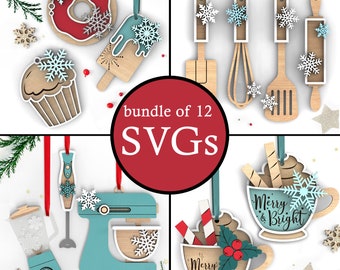 May include: A set of 12 Christmas ornaments featuring a variety of baking-themed designs, including a donut, cupcake, ice cream cone, whisk, spatula, rolling pin, stand mixer, blender, and two mugs with "Merry & Bright" and "Merry Christmas!" text.